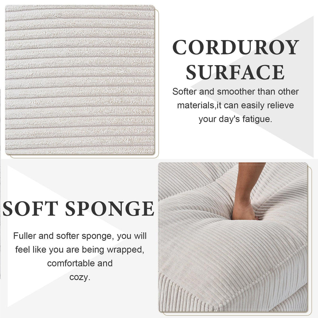 Mid-Century Modern Beige Corduroy 6-Seat Sectional Sofa.