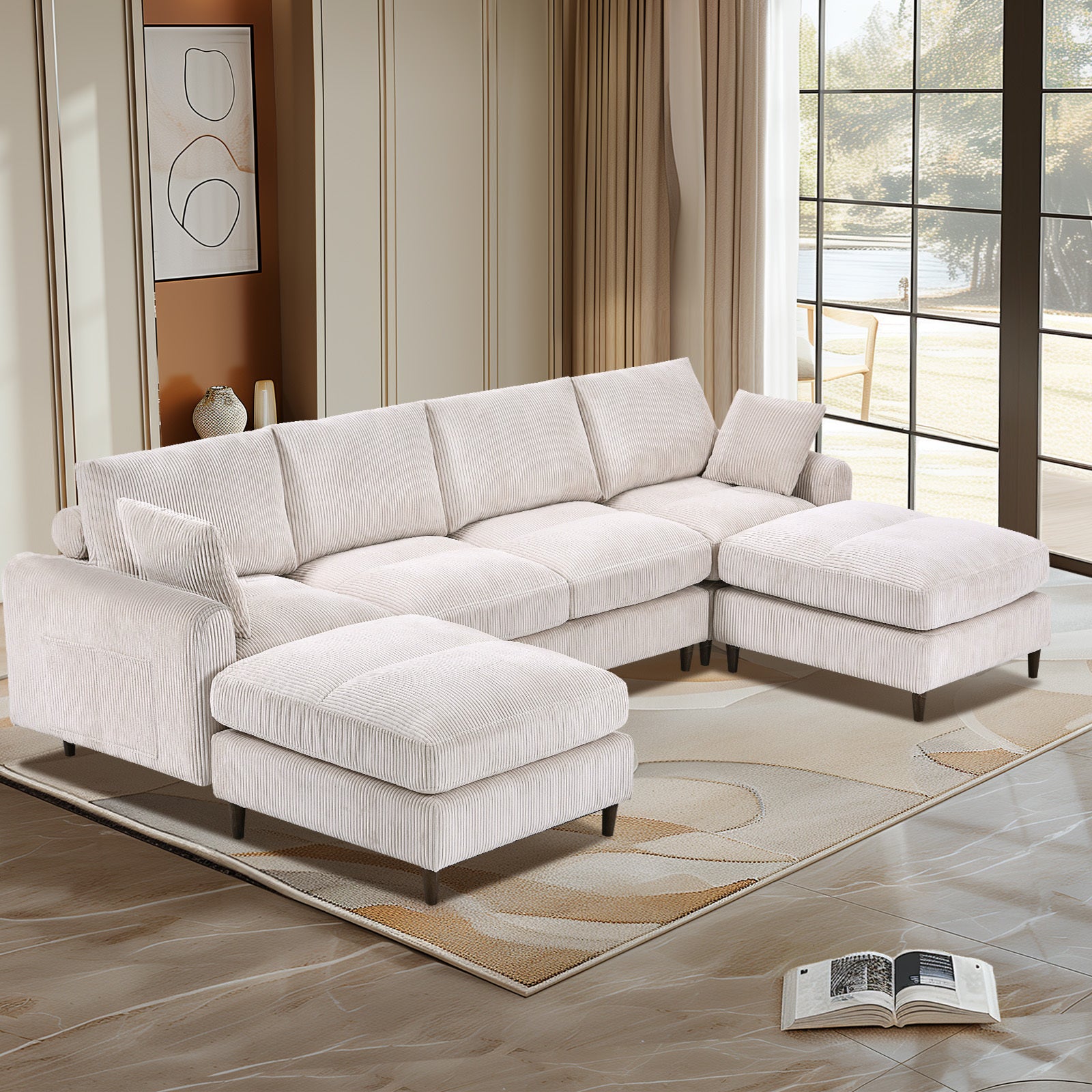 Modern corduroy modular section sofa, U-shaped convertible L-shaped sofa set with pillow, oversized sectional sofa with footstool, suitable for living room, attic, apartment, office - white 6 seat