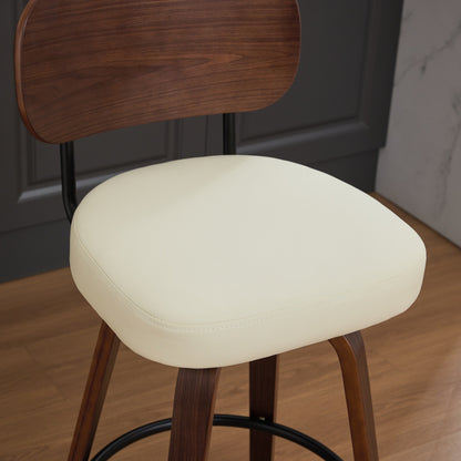 Swivel Bar Stools Set of 2, 26' Upholstered Faux Leather Counter Height Barstools with Walnut Back & Bentwood Legs, Mid Century Modern Bar Chairs Island Stools for Kitchen Counter, Beige PU, SW1864BG