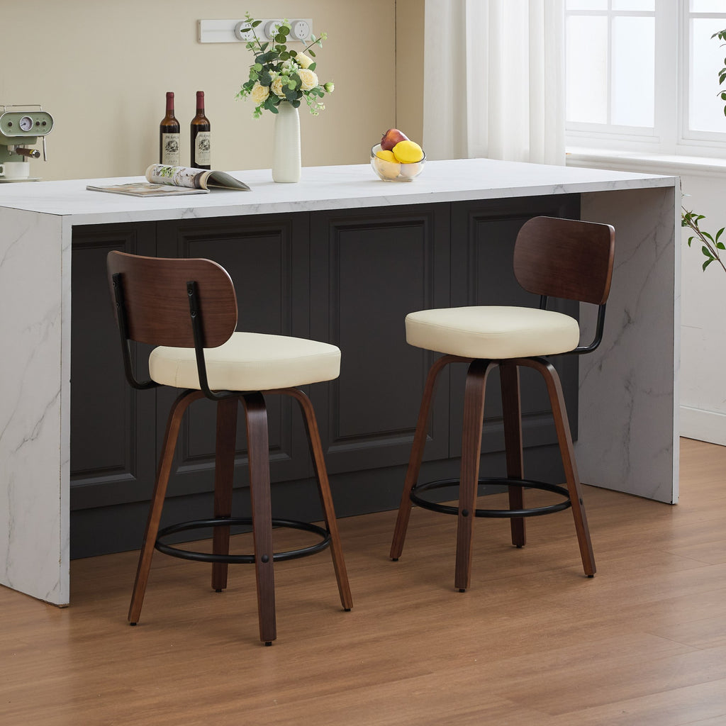 Swivel Bar Stools Set of 2, 26' Upholstered Faux Leather Counter Height Barstools with Walnut Back & Bentwood Legs, Mid Century Modern Bar Chairs Island Stools for Kitchen Counter, Beige PU, SW1864BG
