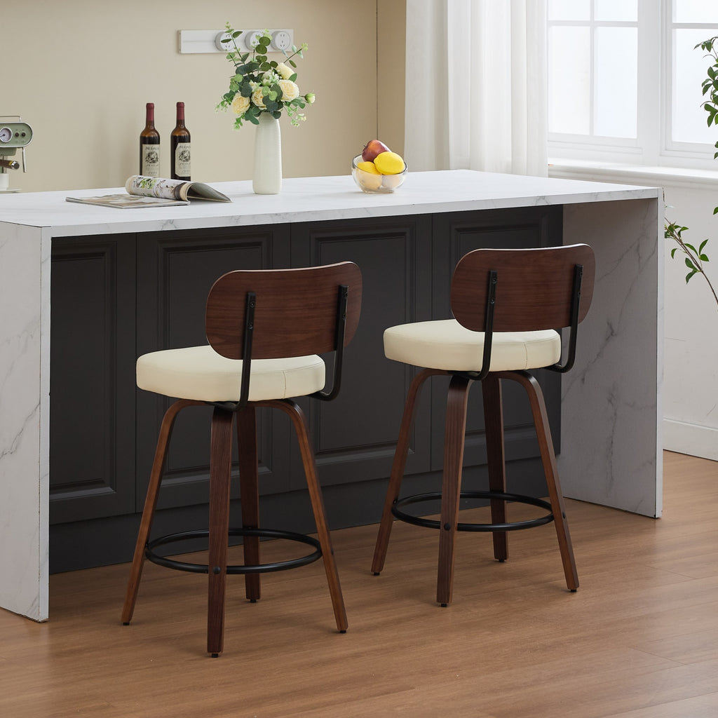 Swivel Bar Stools Set of 2, 26' Upholstered Faux Leather Counter Height Barstools with Walnut Back & Bentwood Legs, Mid Century Modern Bar Chairs Island Stools for Kitchen Counter, Beige PU, SW1864BG
