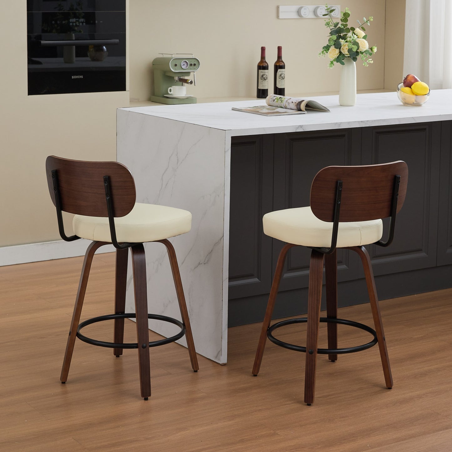 Swivel Bar Stools Set of 2, 26' Upholstered Faux Leather Counter Height Barstools with Walnut Back & Bentwood Legs, Mid Century Modern Bar Chairs Island Stools for Kitchen Counter, Beige PU, SW1864BG