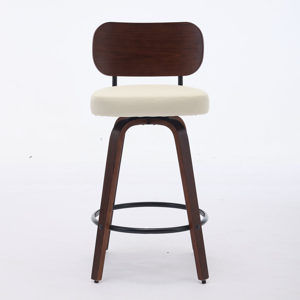 Swivel Bar Stools Set of 2, 26' Upholstered Faux Leather Counter Height Barstools with Walnut Back & Bentwood Legs, Mid Century Modern Bar Chairs Island Stools for Kitchen Counter, Beige PU, SW1864BG