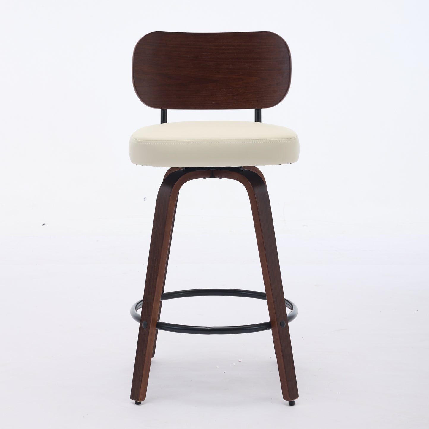 Swivel Bar Stools Set of 2, 26' Upholstered Faux Leather Counter Height Barstools with Walnut Back & Bentwood Legs, Mid Century Modern Bar Chairs Island Stools for Kitchen Counter, Beige PU, SW1864BG
