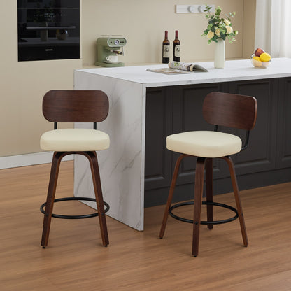 Swivel Bar Stools Set of 2, 26' Upholstered Faux Leather Counter Height Barstools with Walnut Back & Bentwood Legs, Mid Century Modern Bar Chairs Island Stools for Kitchen Counter, Beige PU, SW1864BG