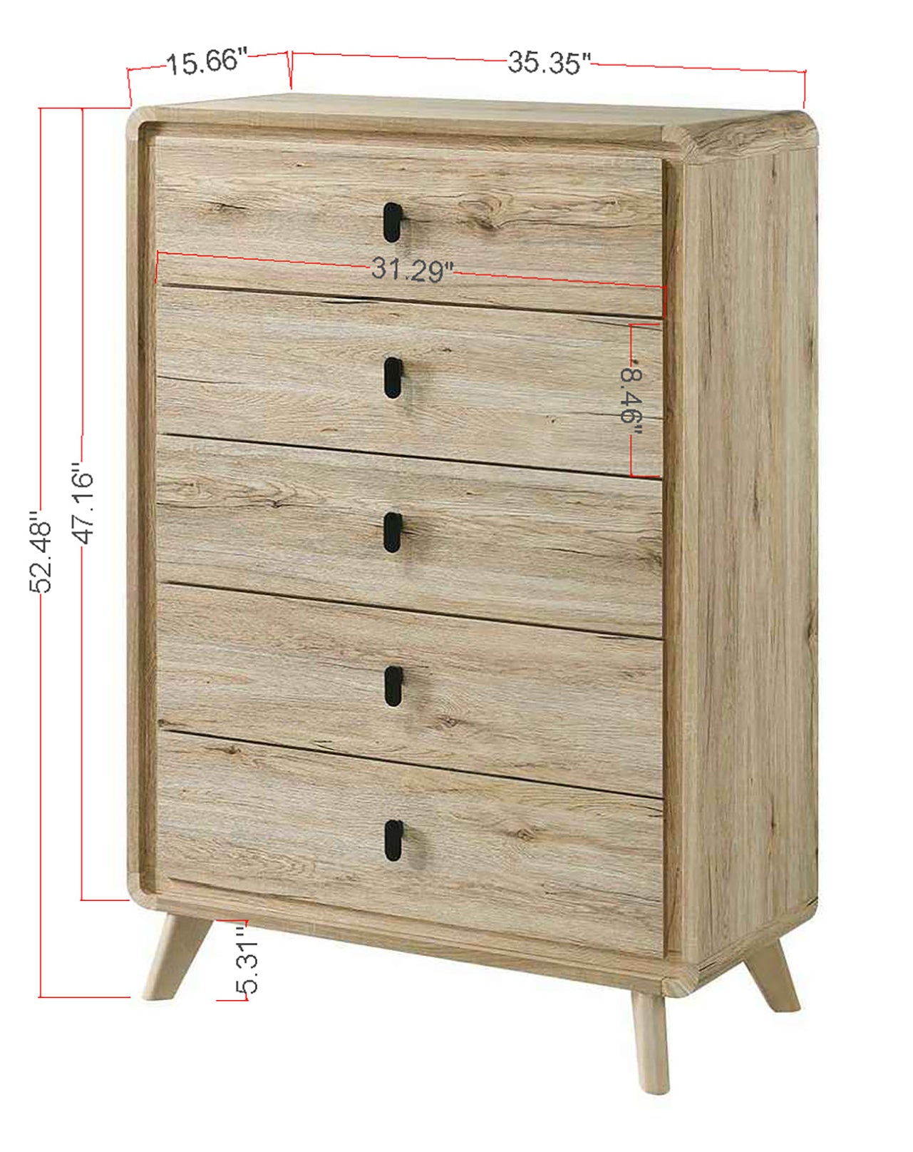 1pc Mid-century Natural Textures Warm, Wood-inspired Finish Ample Drawer Space Five Drawers Tall Chest Storage Wooden Furniture Beige Color