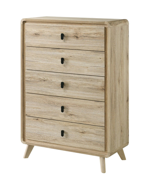 Mid-Century Modern Beige Wooden Tall Chest with Drawers.