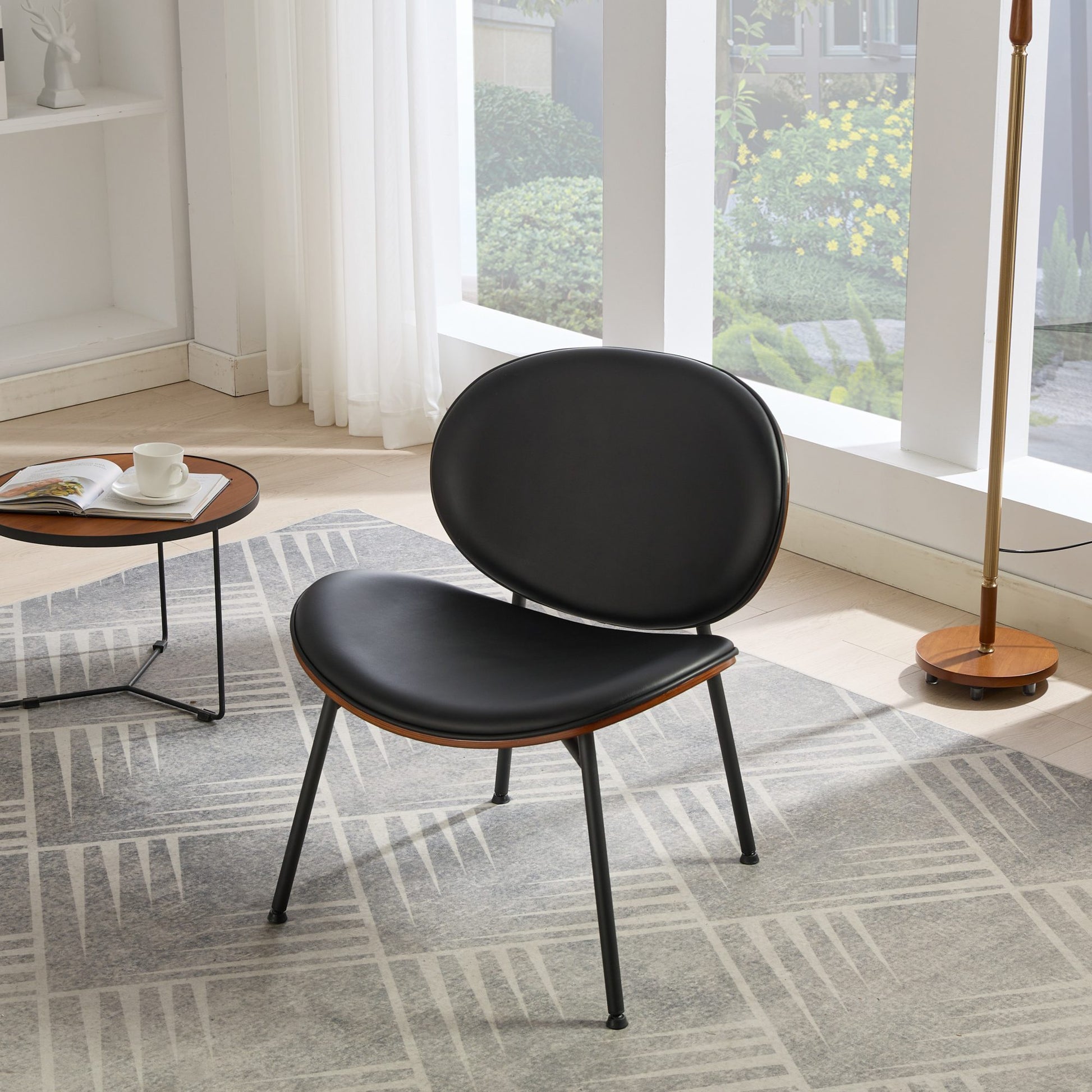 Mid-Century Modern Shell Chair Single Side Chair Tripod Black Leather Lounge Chair in Walnut Finish Comfortable Backrest,Black color,SW1871BK