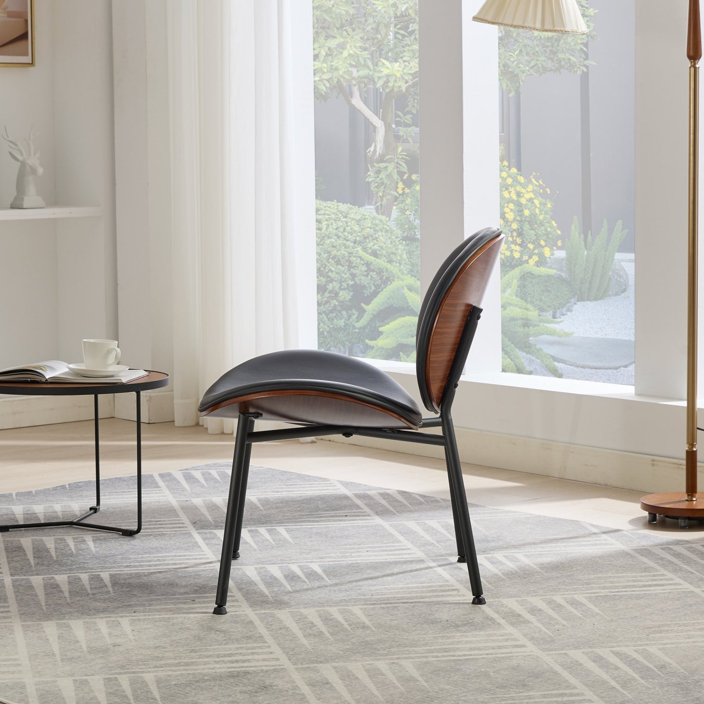 Mid-Century Modern Shell Chair Single Side Chair Tripod Black Leather Lounge Chair in Walnut Finish Comfortable Backrest,Black color,SW1871BK