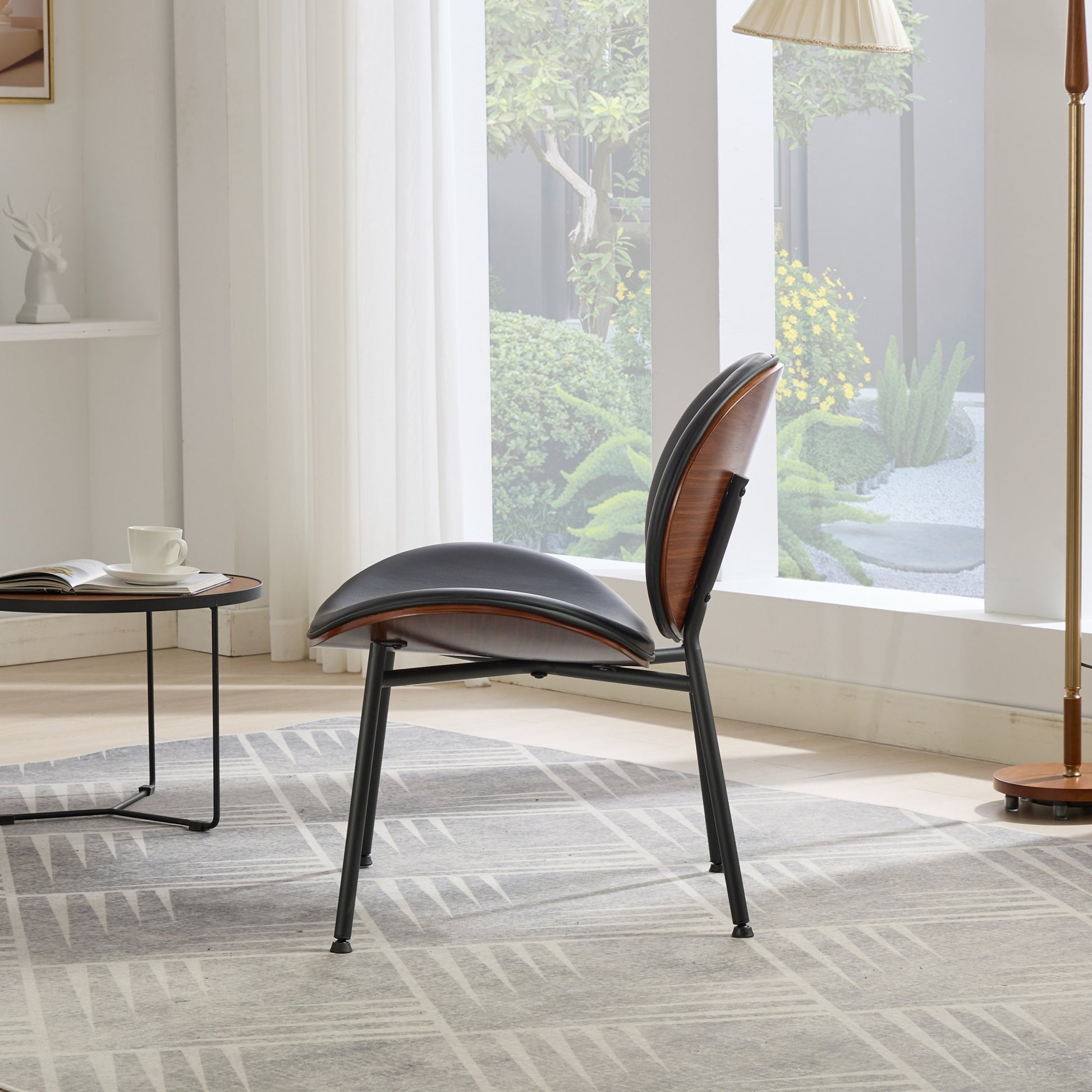 Mid-Century Modern Shell Chair Single Side Chair Tripod Black Leather Lounge Chair in Walnut Finish Comfortable Backrest,Black color,SW1871BK