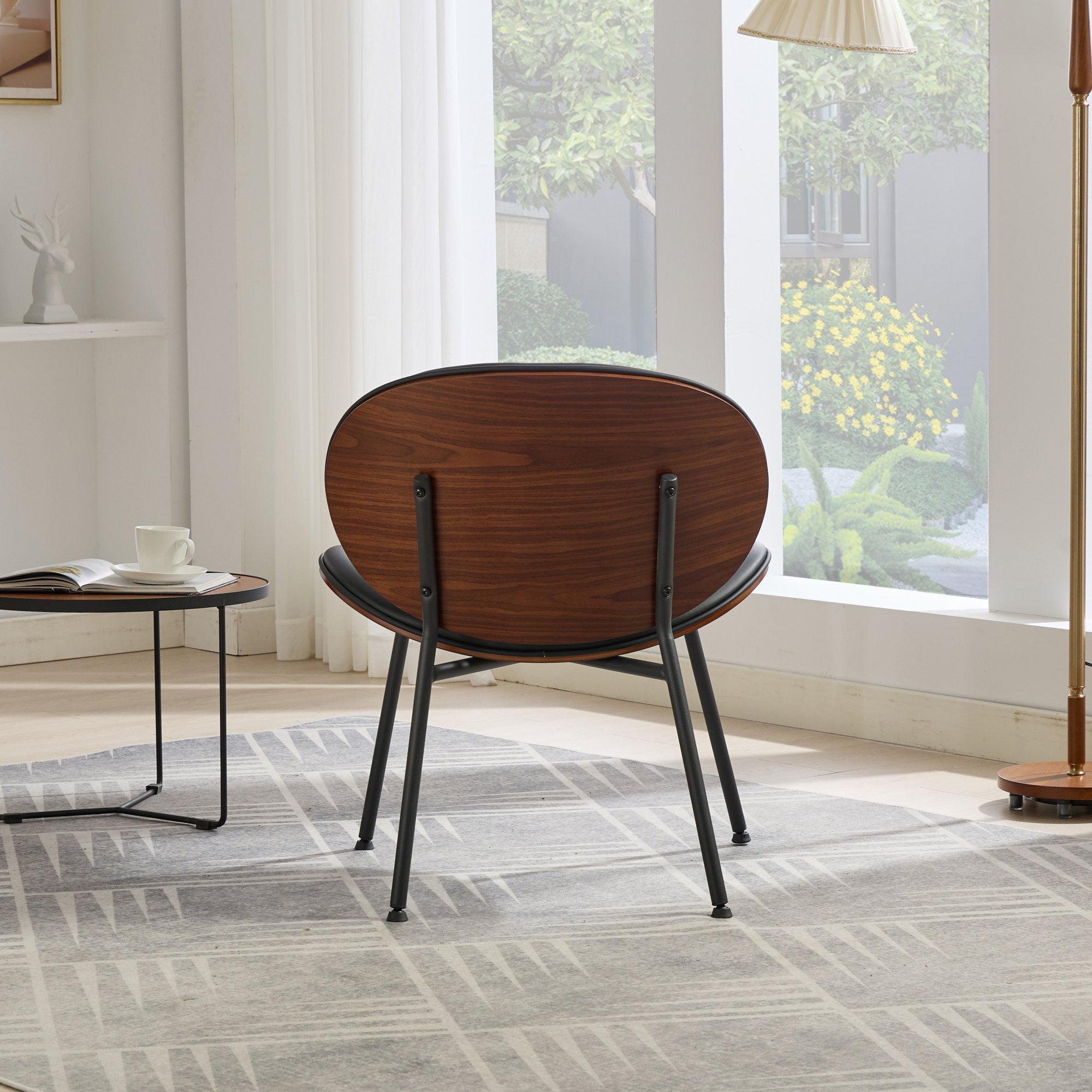 Mid-Century Modern Shell Chair Single Side Chair Tripod Black Leather Lounge Chair in Walnut Finish Comfortable Backrest,Black color,SW1871BK