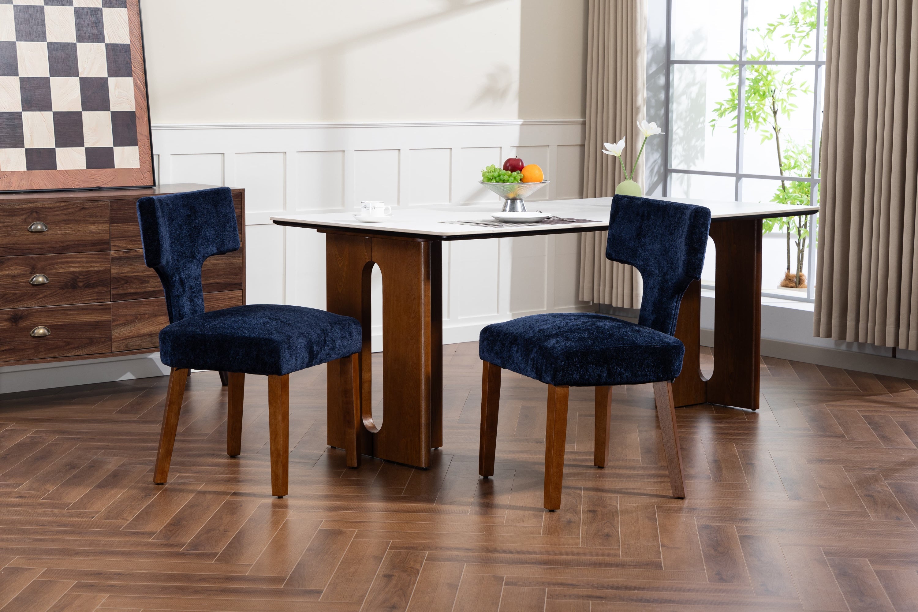 Mid Century Modern Dining Chairs Set of 2, Farmhouse Linen Fabric Upholstered Accent Chair,Kitchen Chairs with Hardwood Frame, Blue Color