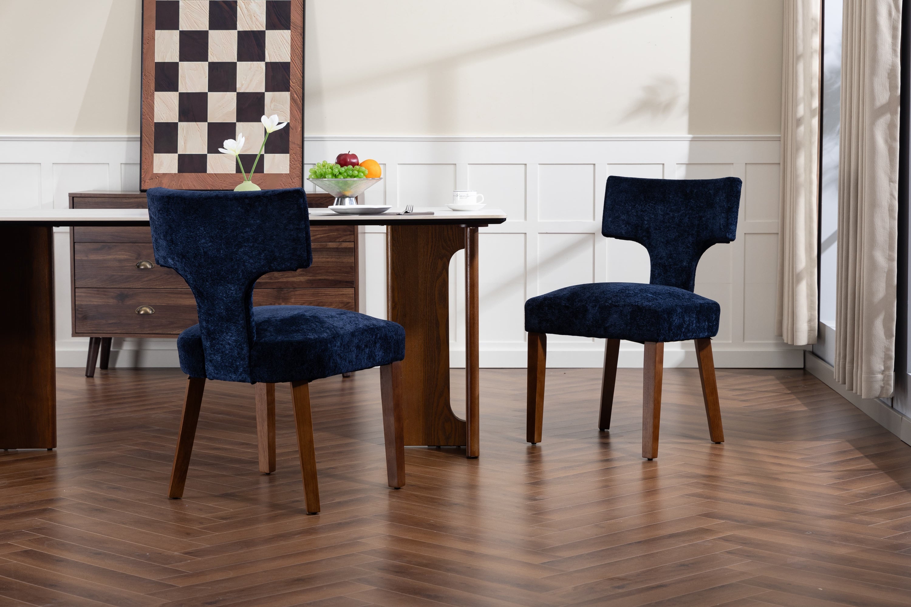 Mid Century Modern Dining Chairs Set of 2, Farmhouse Linen Fabric Upholstered Accent Chair,Kitchen Chairs with Hardwood Frame, Blue Color