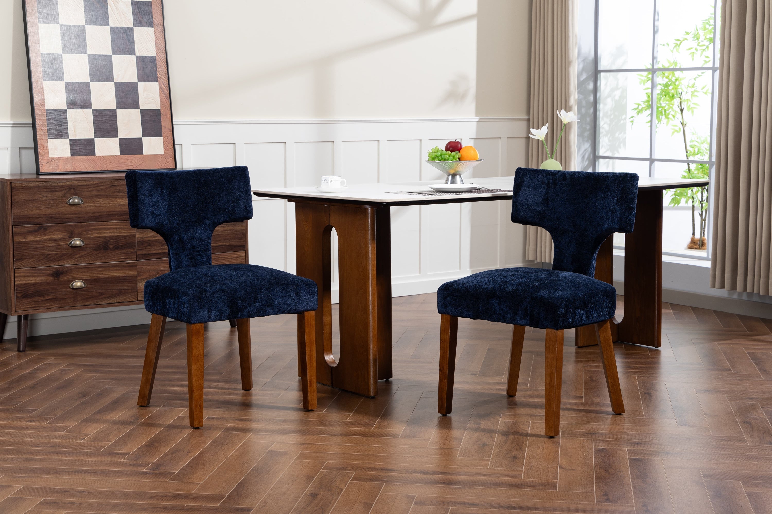 Mid Century Modern Dining Chairs Set of 2, Farmhouse Linen Fabric Upholstered Accent Chair,Kitchen Chairs with Hardwood Frame, Blue Color