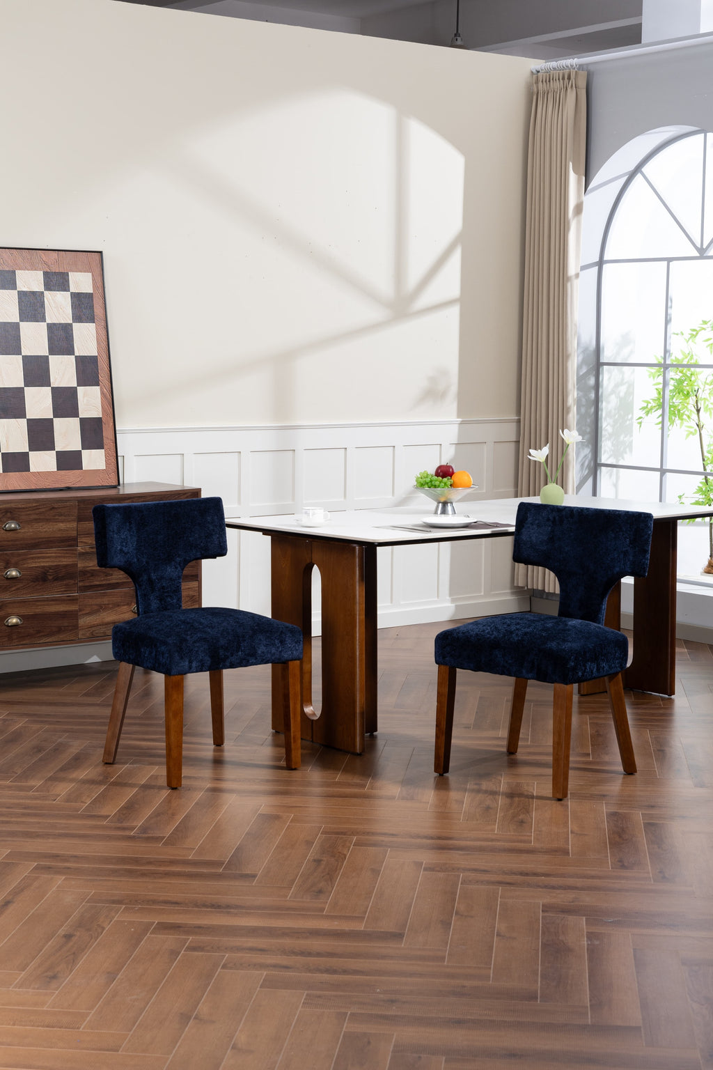 Mid Century Modern Dining Chairs Set of 2, Farmhouse Linen Fabric Upholstered Accent Chair,Kitchen Chairs with Hardwood Frame, Blue Color