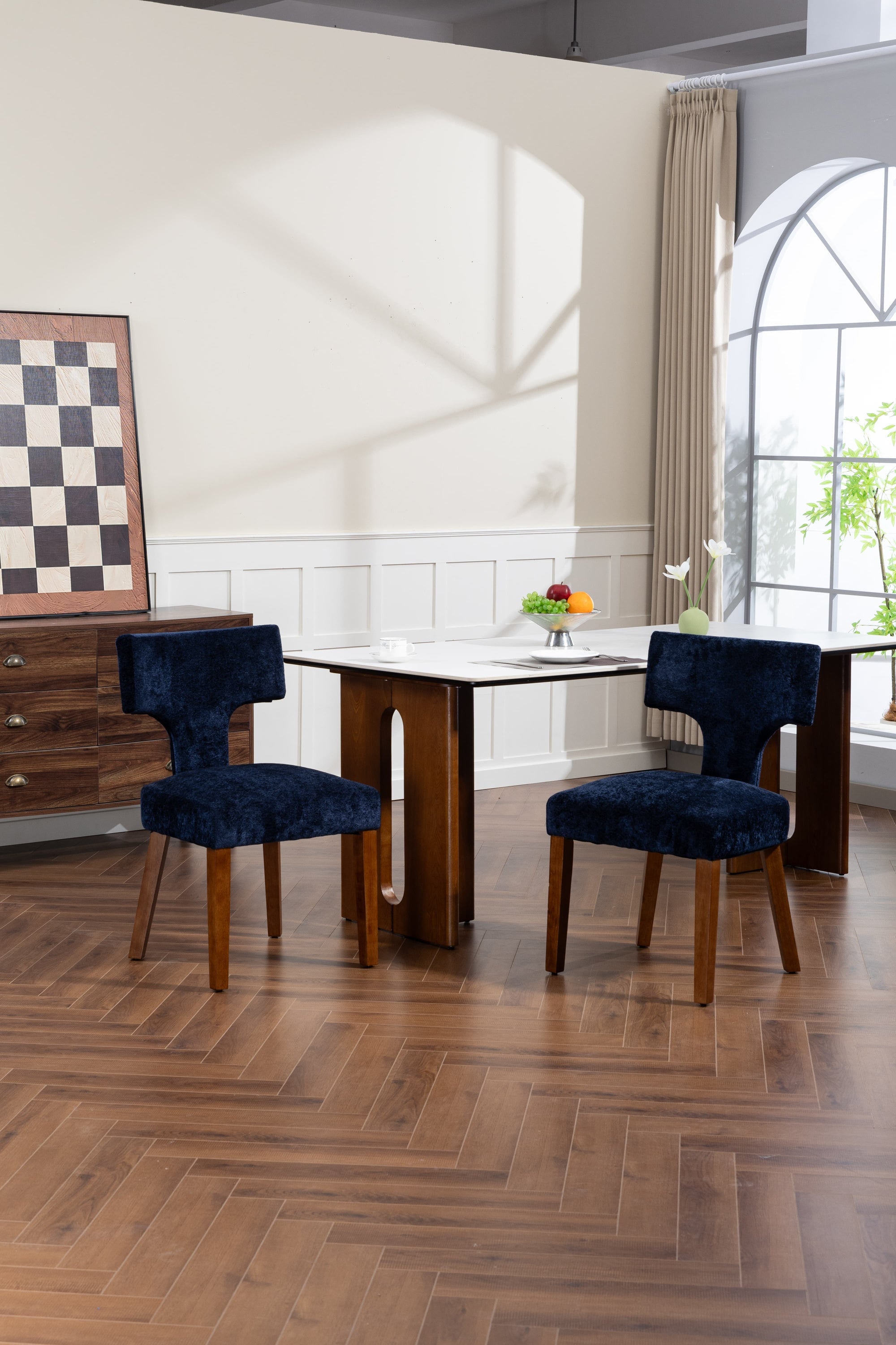 Mid Century Modern Dining Chairs Set of 2, Farmhouse Linen Fabric Upholstered Accent Chair,Kitchen Chairs with Hardwood Frame, Blue Color