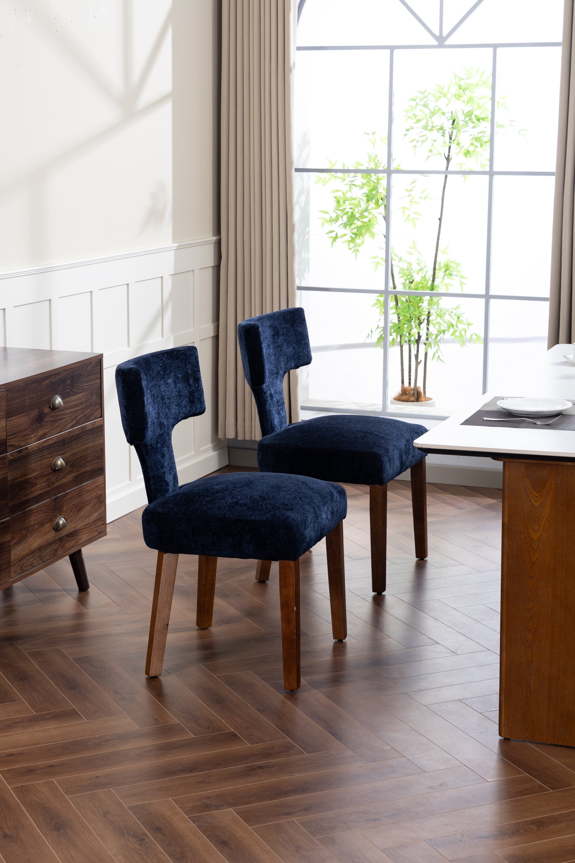 Mid Century Modern Dining Chairs Set of 2, Farmhouse Linen Fabric Upholstered Accent Chair,Kitchen Chairs with Hardwood Frame, Blue Color