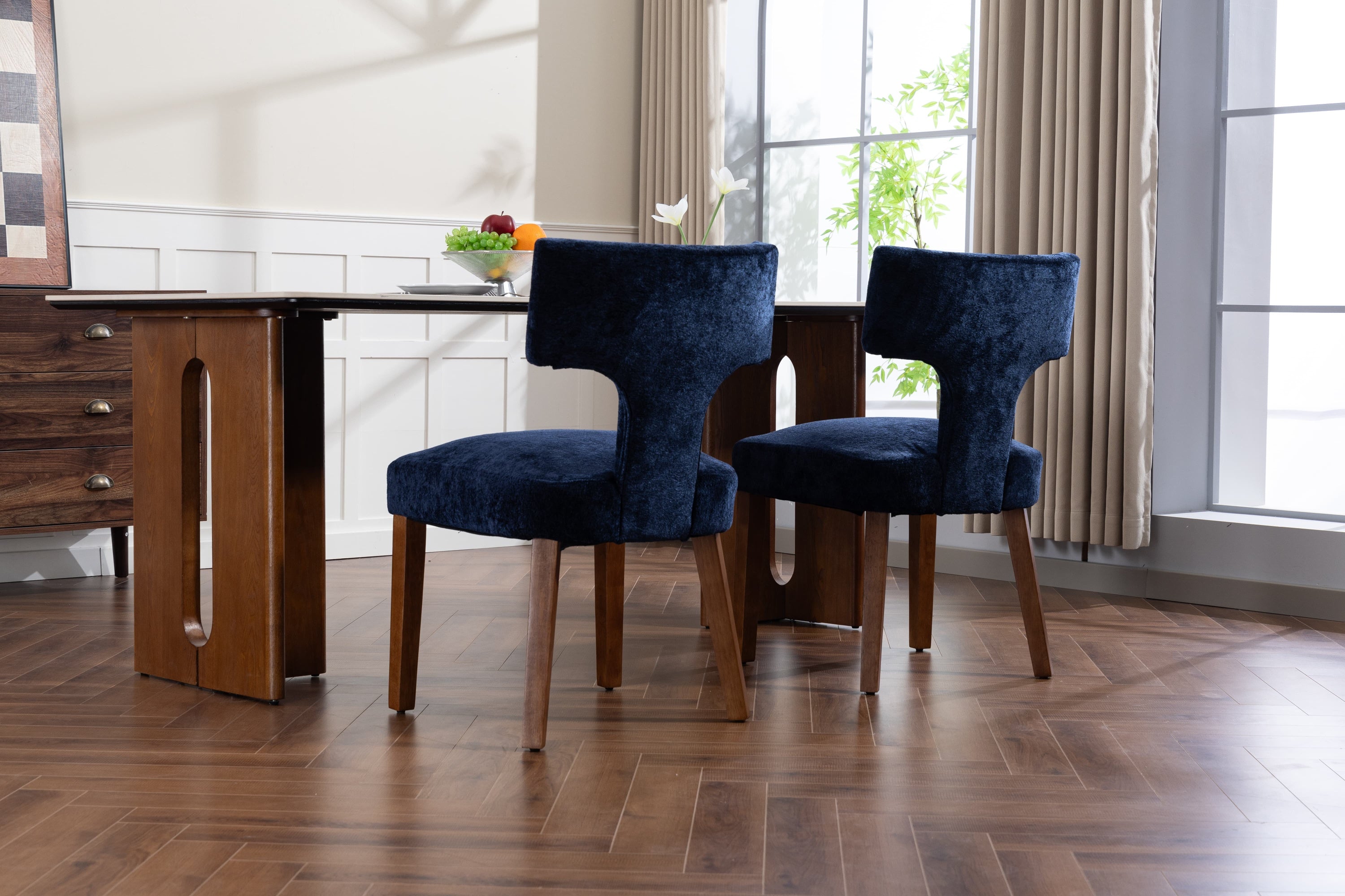 Mid Century Modern Dining Chairs Set of 2, Farmhouse Linen Fabric Upholstered Accent Chair,Kitchen Chairs with Hardwood Frame, Blue Color