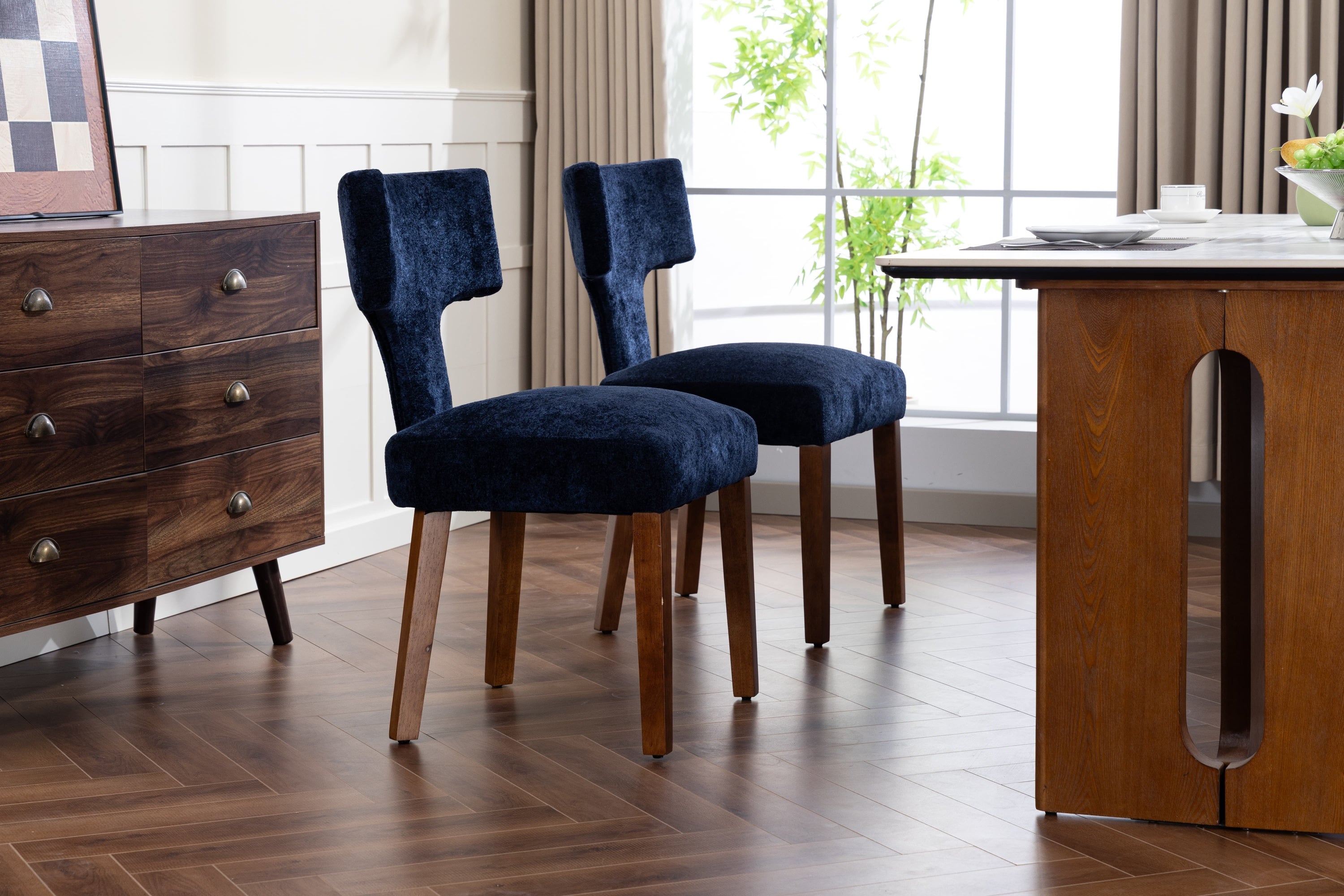 Mid Century Modern Dining Chairs Set of 2, Farmhouse Linen Fabric Upholstered Accent Chair,Kitchen Chairs with Hardwood Frame, Blue Color