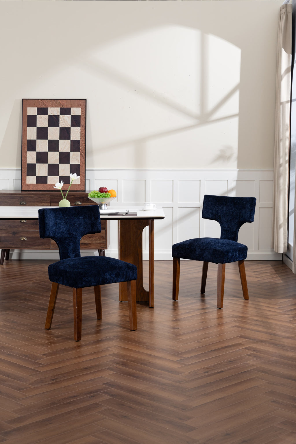 Mid Century Modern Dining Chairs Set of 2, Farmhouse Linen Fabric Upholstered Accent Chair,Kitchen Chairs with Hardwood Frame, Blue Color