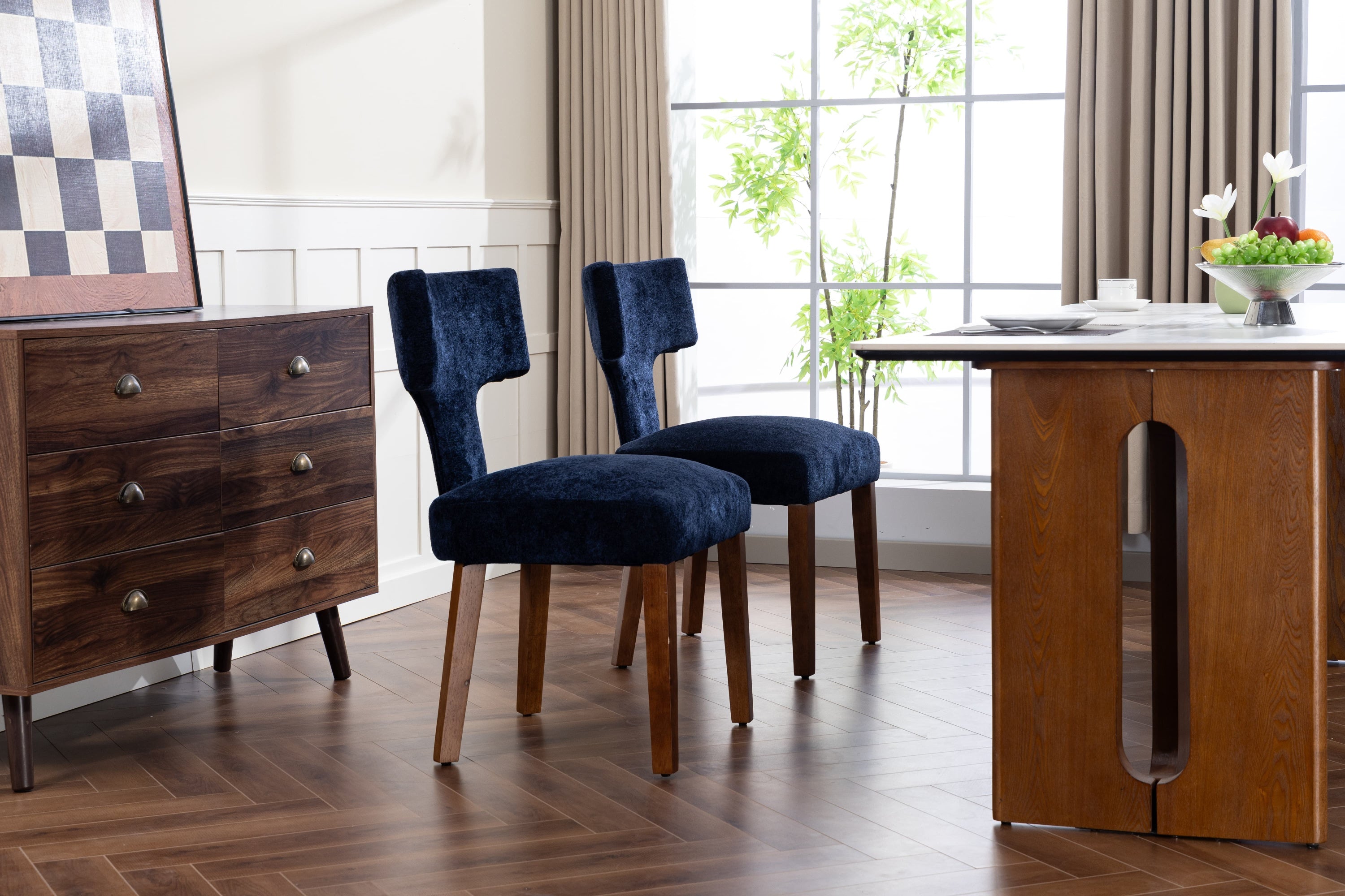 Mid Century Modern Dining Chairs Set of 2, Farmhouse Linen Fabric Upholstered Accent Chair,Kitchen Chairs with Hardwood Frame, Blue Color