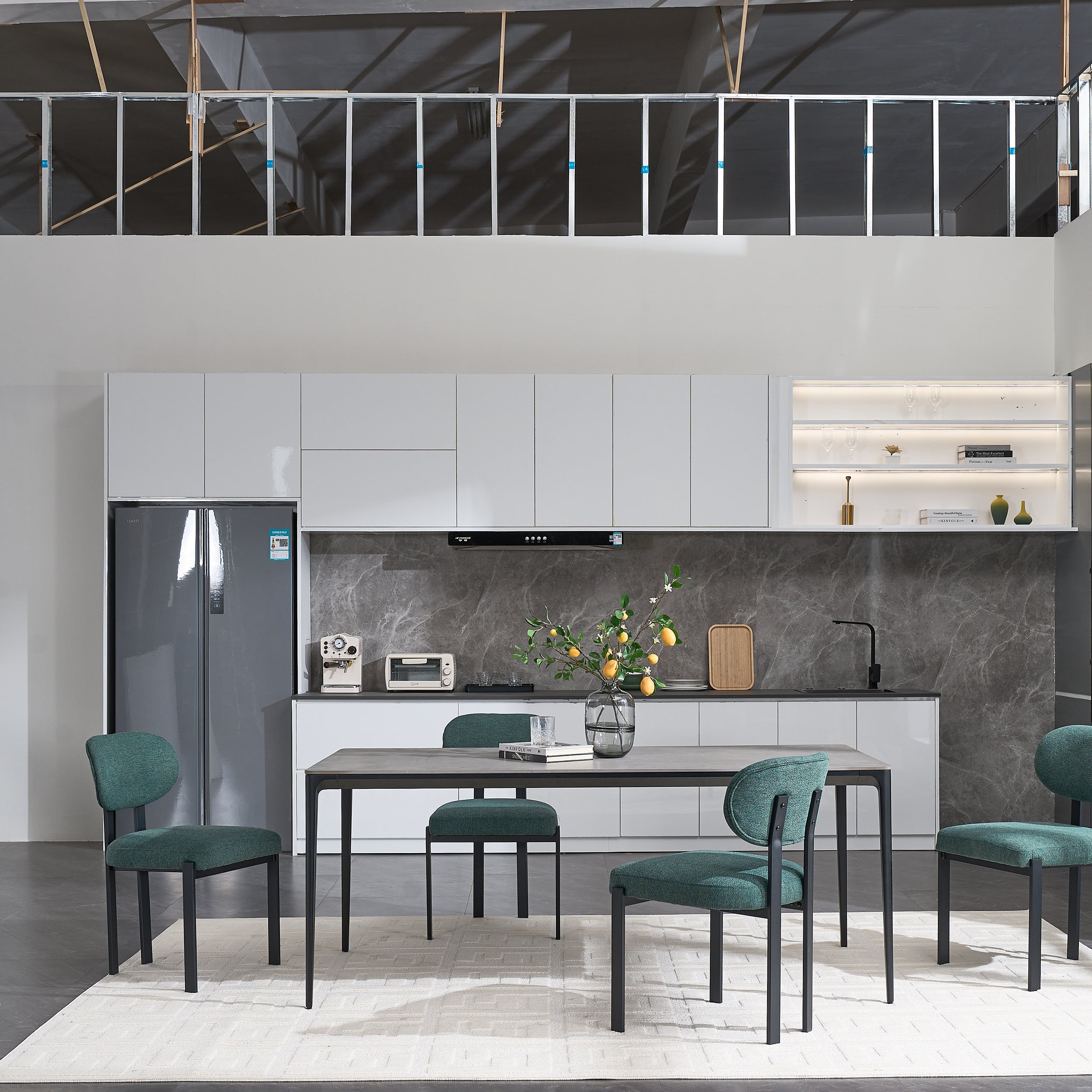 Modern Dining Room Chairs Set of 2, Mid-Century Upholstered Boucle Kitchen Dining Chairs with Black Metal Legs