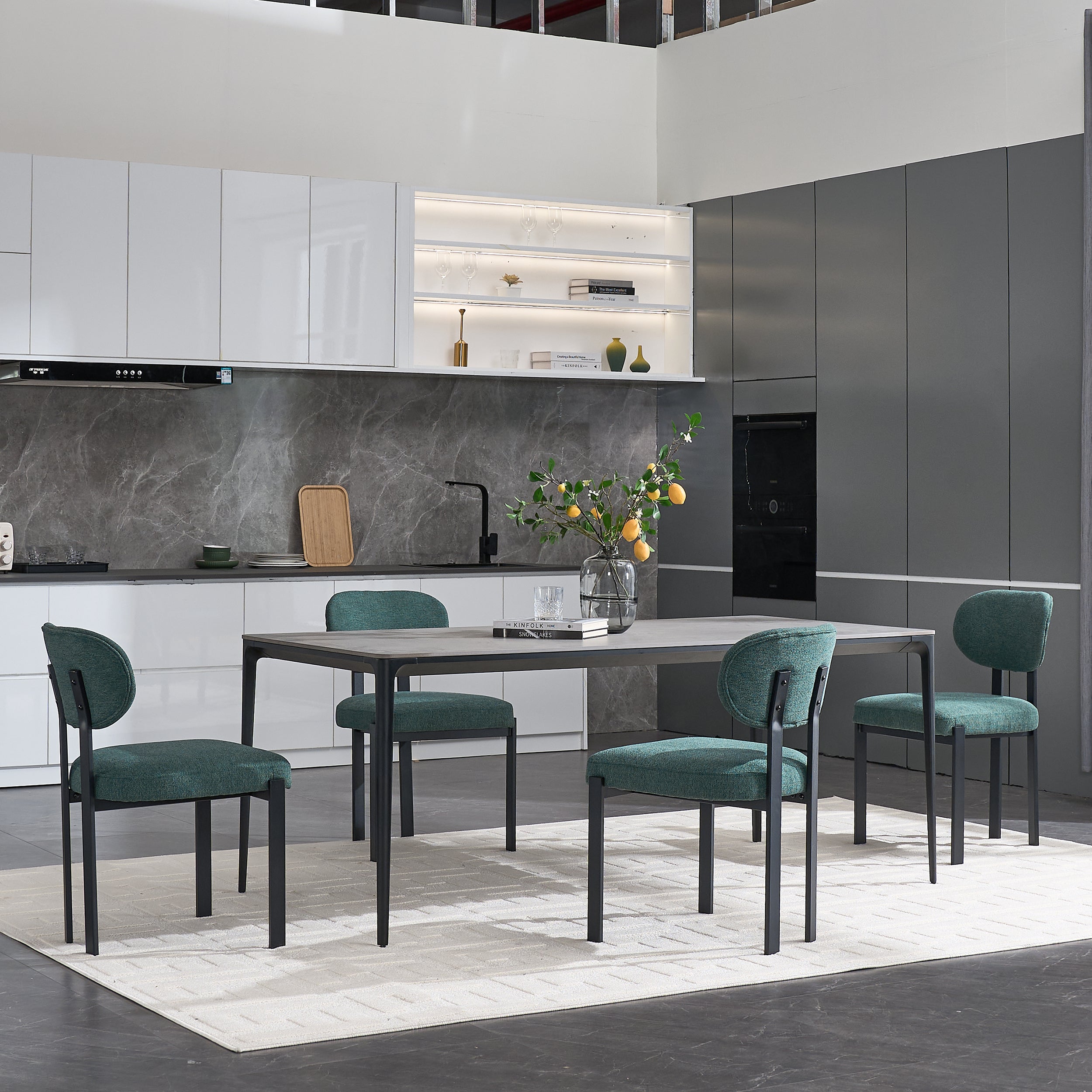 Modern Dining Room Chairs Set of 2, Mid-Century Upholstered Boucle Kitchen Dining Chairs with Black Metal Legs