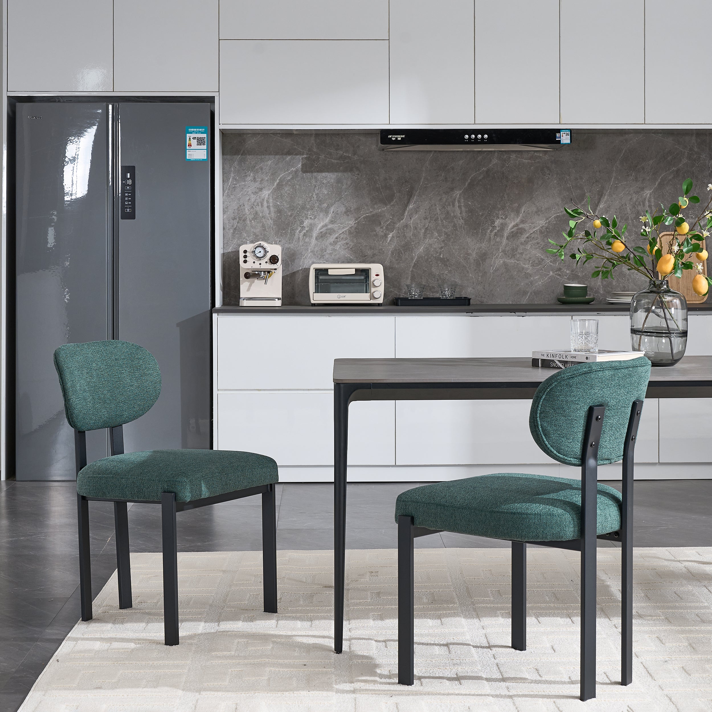 Modern Dining Room Chairs Set of 2, Mid-Century Upholstered Boucle Kitchen Dining Chairs with Black Metal Legs