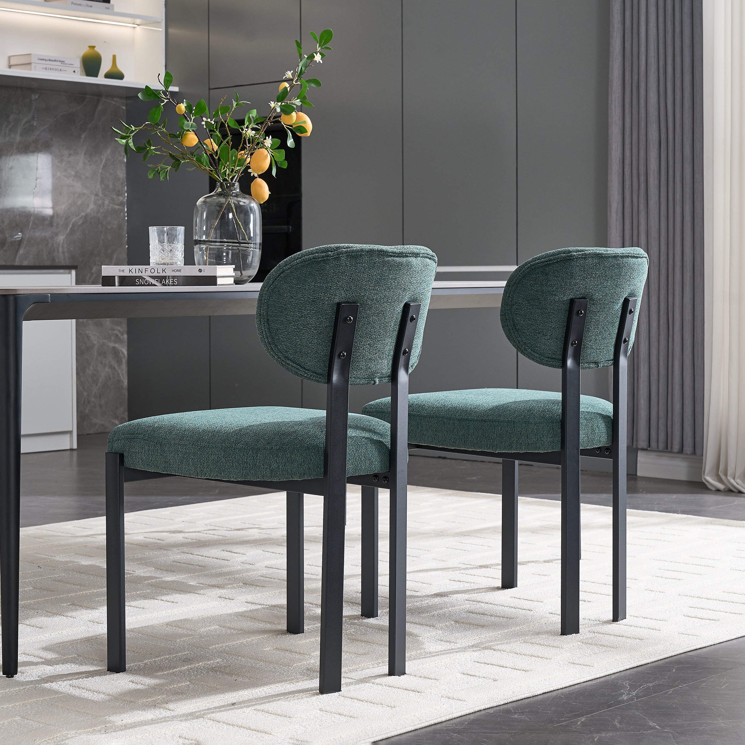 Modern Dining Room Chairs Set of 2, Mid-Century Upholstered Boucle Kitchen Dining Chairs with Black Metal Legs