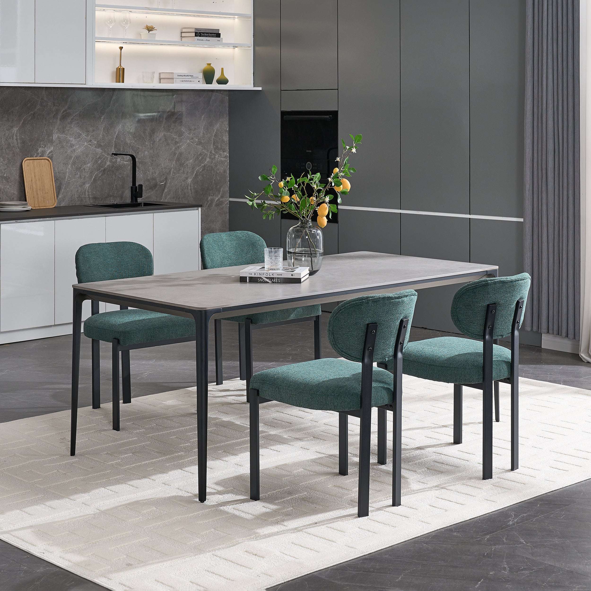 Modern Dining Room Chairs Set of 2, Mid-Century Upholstered Boucle Kitchen Dining Chairs with Black Metal Legs