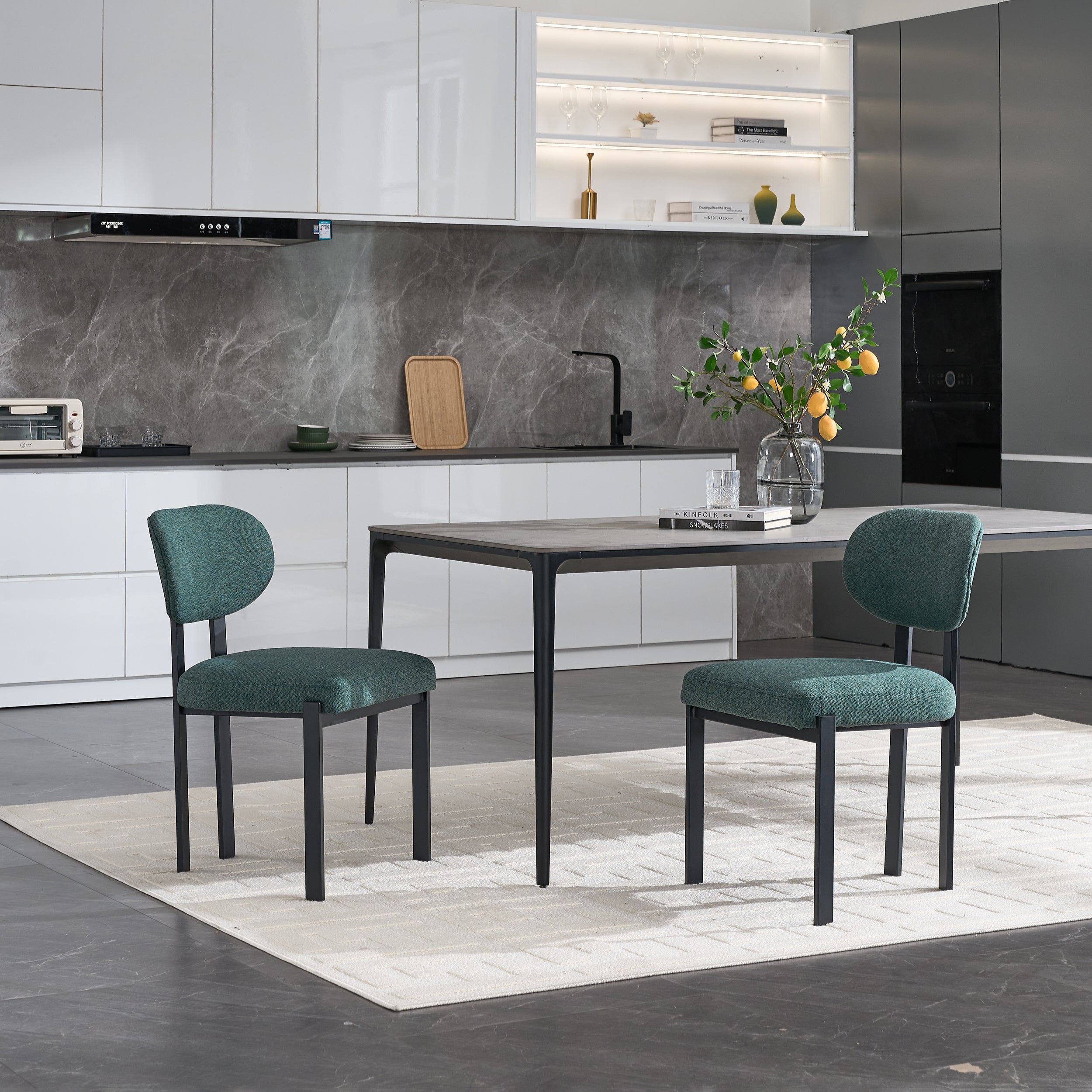 Modern Dining Room Chairs Set of 2, Mid-Century Upholstered Boucle Kitchen Dining Chairs with Black Metal Legs