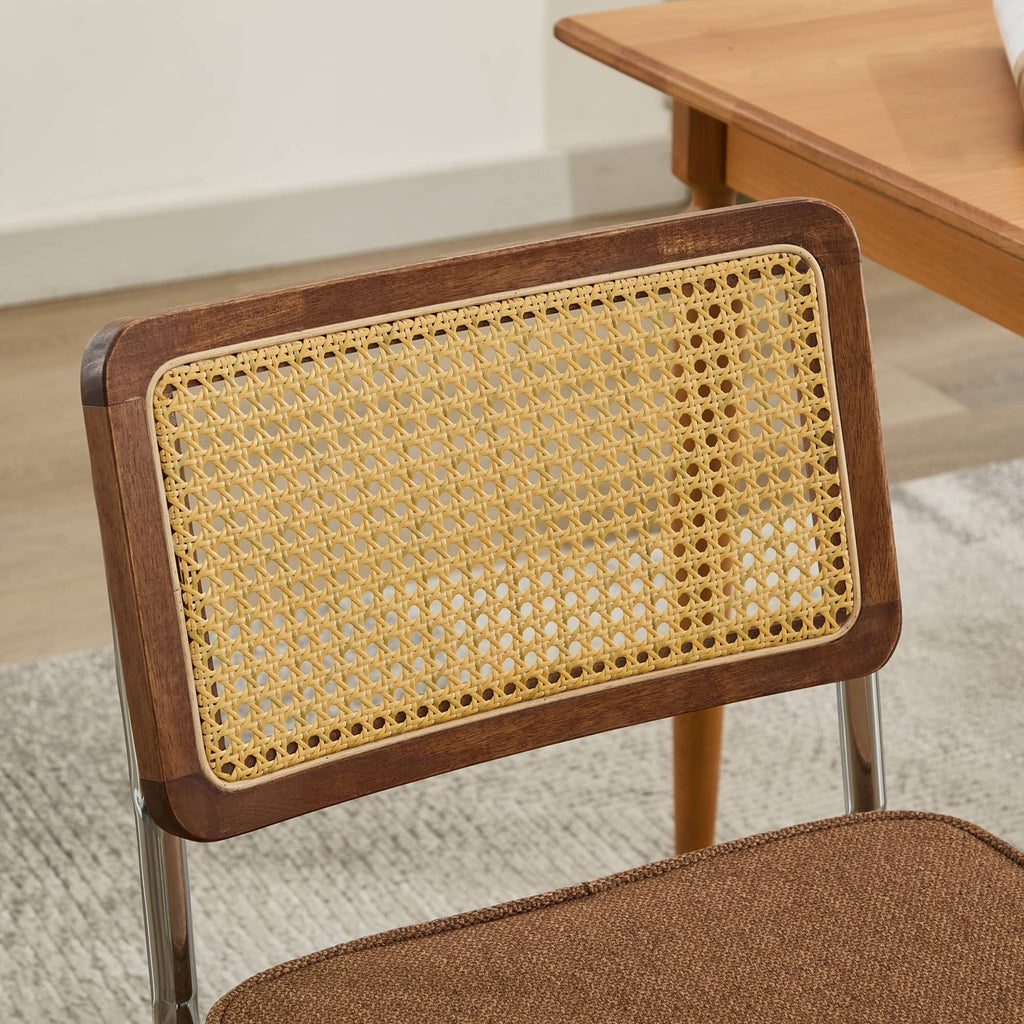 Mid Century Modern Dining Chairs Set of 2, Linen Accent Chairs with Natural Cane Back & Stainless Chrome Base, Famous Breuer Designed Chairs, Upholstered Rattan Kitchen Chairs,Coffee color,SW1851CF