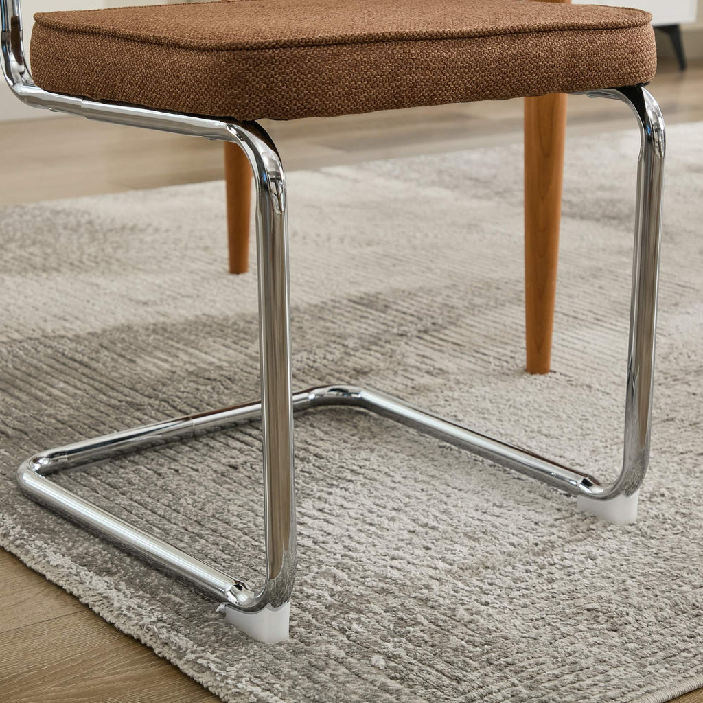 Mid Century Modern Dining Chairs Set of 2, Linen Accent Chairs with Natural Cane Back & Stainless Chrome Base, Famous Breuer Designed Chairs, Upholstered Rattan Kitchen Chairs,Coffee color,SW1851CF