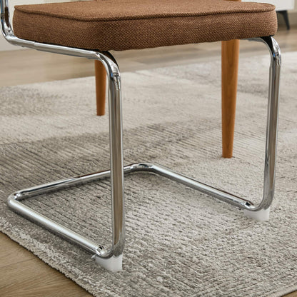 Mid Century Modern Dining Chairs Set of 2, Linen Accent Chairs with Natural Cane Back & Stainless Chrome Base, Famous Breuer Designed Chairs, Upholstered Rattan Kitchen Chairs,Coffee color,SW1851CF