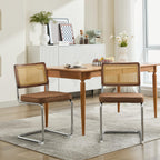Mid Century Modern Dining Chairs Set of 2, Linen Accent Chairs with Natural Cane Back & Stainless Chrome Base, Famous Breuer Designed Chairs, Upholstered Rattan Kitchen Chairs,Coffee color,SW1851CF