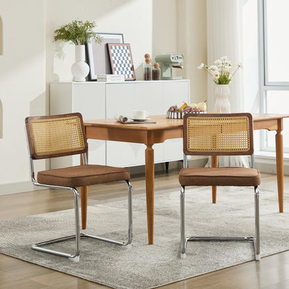 Mid Century Modern Dining Chairs Set of 2, Linen Accent Chairs with Natural Cane Back & Stainless Chrome Base, Famous Breuer Designed Chairs, Upholstered Rattan Kitchen Chairs,Coffee color,SW1851CF