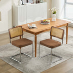 Mid Century Modern Dining Chairs Set of 2, Linen Accent Chairs with Natural Cane Back & Stainless Chrome Base, Famous Breuer Designed Chairs, Upholstered Rattan Kitchen Chairs,Coffee color,SW1851CF