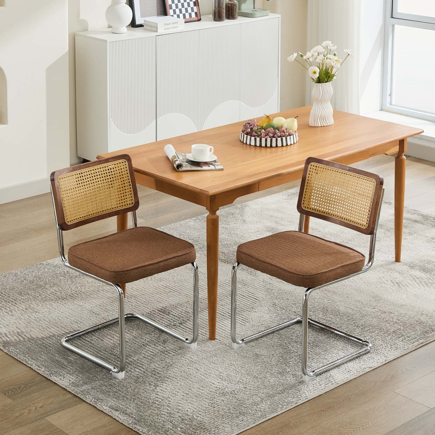 Mid Century Modern Dining Chairs Set of 2, Linen Accent Chairs with Natural Cane Back & Stainless Chrome Base, Famous Breuer Designed Chairs, Upholstered Rattan Kitchen Chairs,Coffee color,SW1851CF