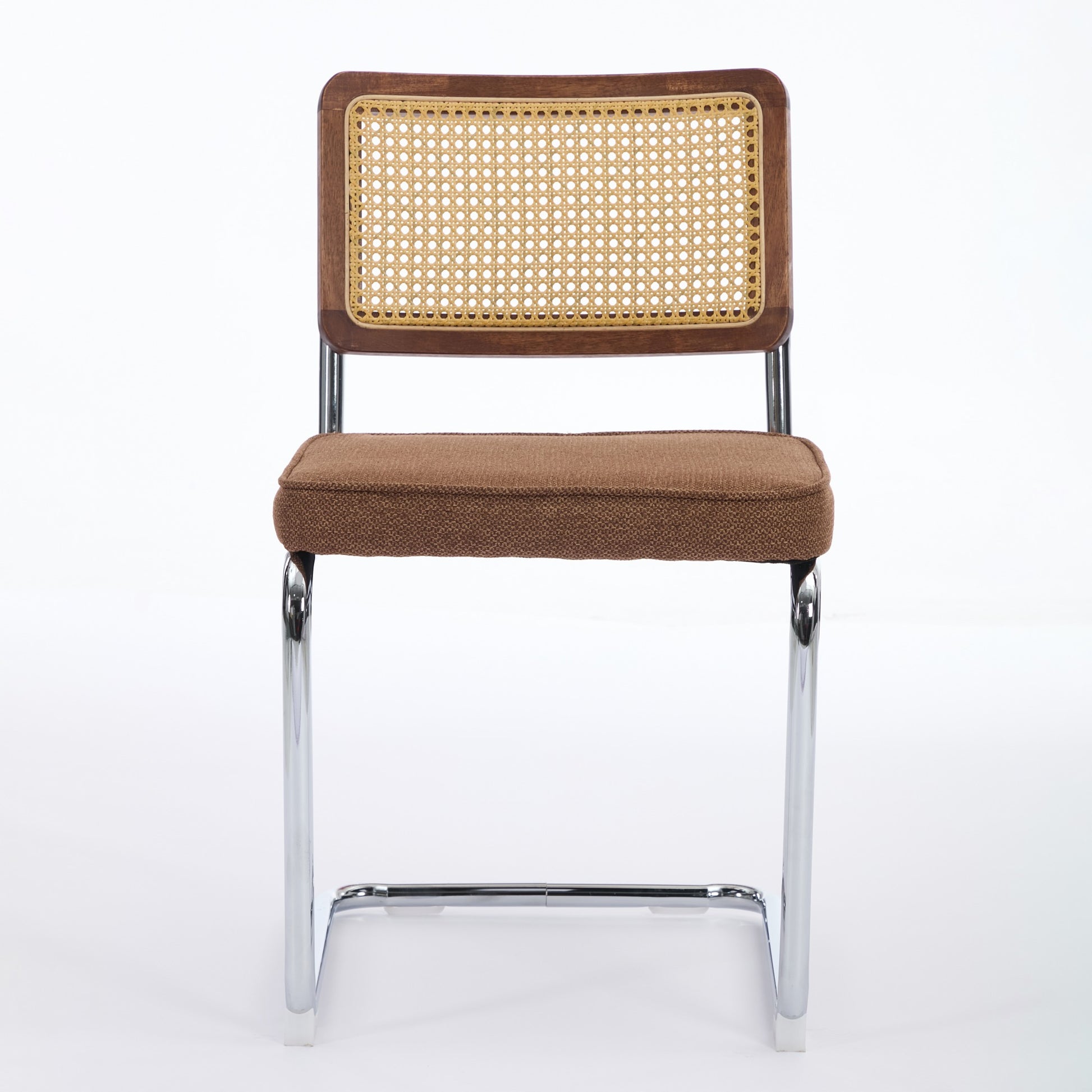 Mid Century Modern Dining Chairs Set of 2, Linen Accent Chairs with Natural Cane Back & Stainless Chrome Base, Famous Breuer Designed Chairs, Upholstered Rattan Kitchen Chairs,Coffee color,SW1851CF
