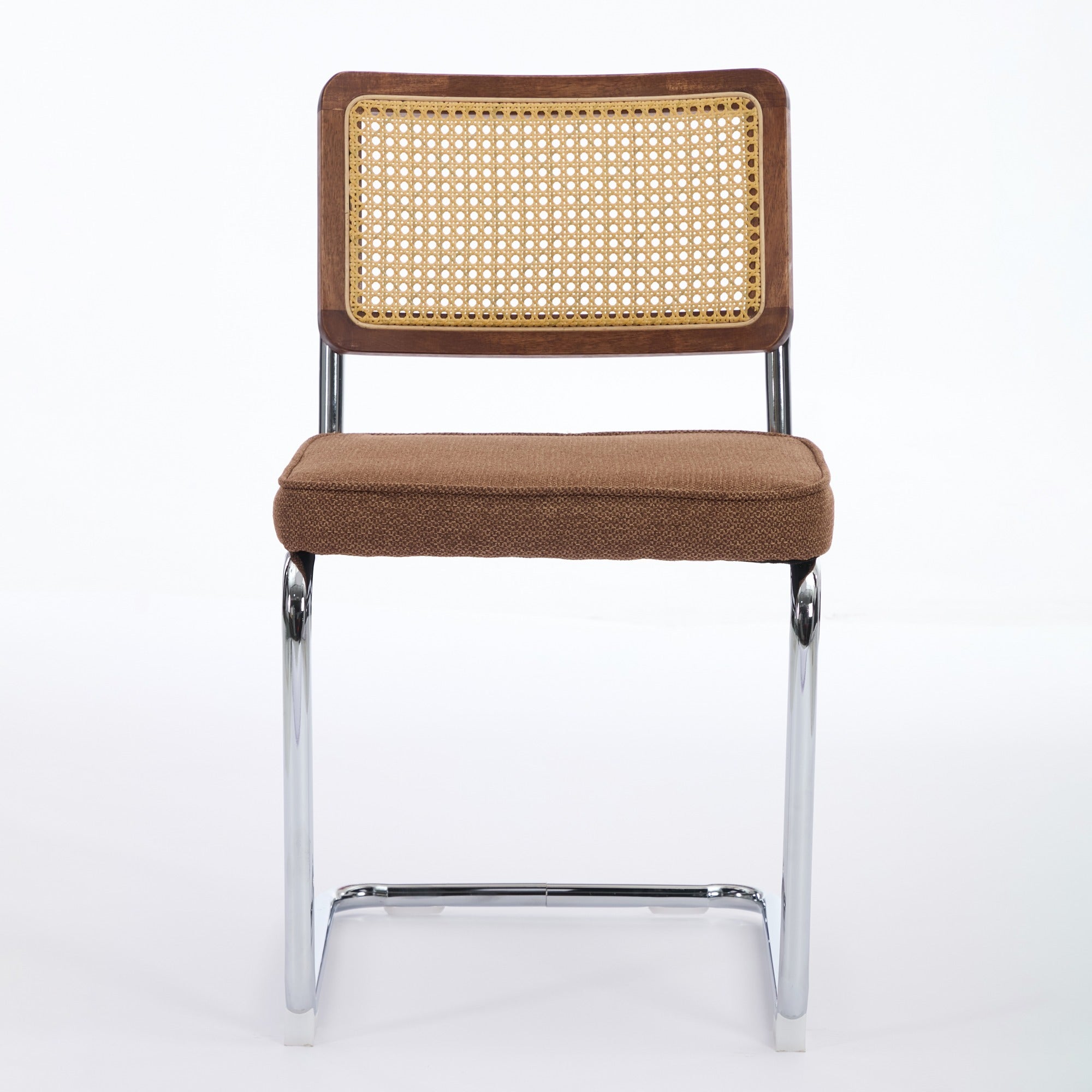 Mid Century Modern Dining Chairs Set of 2, Linen Accent Chairs with Natural Cane Back & Stainless Chrome Base, Famous Breuer Designed Chairs, Upholstered Rattan Kitchen Chairs,Coffee color,SW1851CF