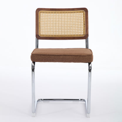 Mid Century Modern Dining Chairs Set of 2, Linen Accent Chairs with Natural Cane Back & Stainless Chrome Base, Famous Breuer Designed Chairs, Upholstered Rattan Kitchen Chairs,Coffee color,SW1851CF