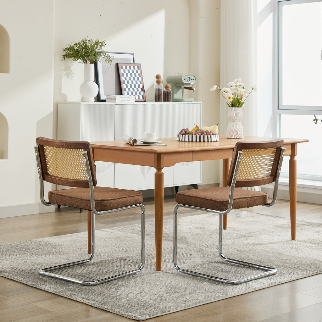 Mid Century Modern Dining Chairs Set of 2, Linen Accent Chairs with Natural Cane Back & Stainless Chrome Base, Famous Breuer Designed Chairs, Upholstered Rattan Kitchen Chairs,Coffee color,SW1851CF