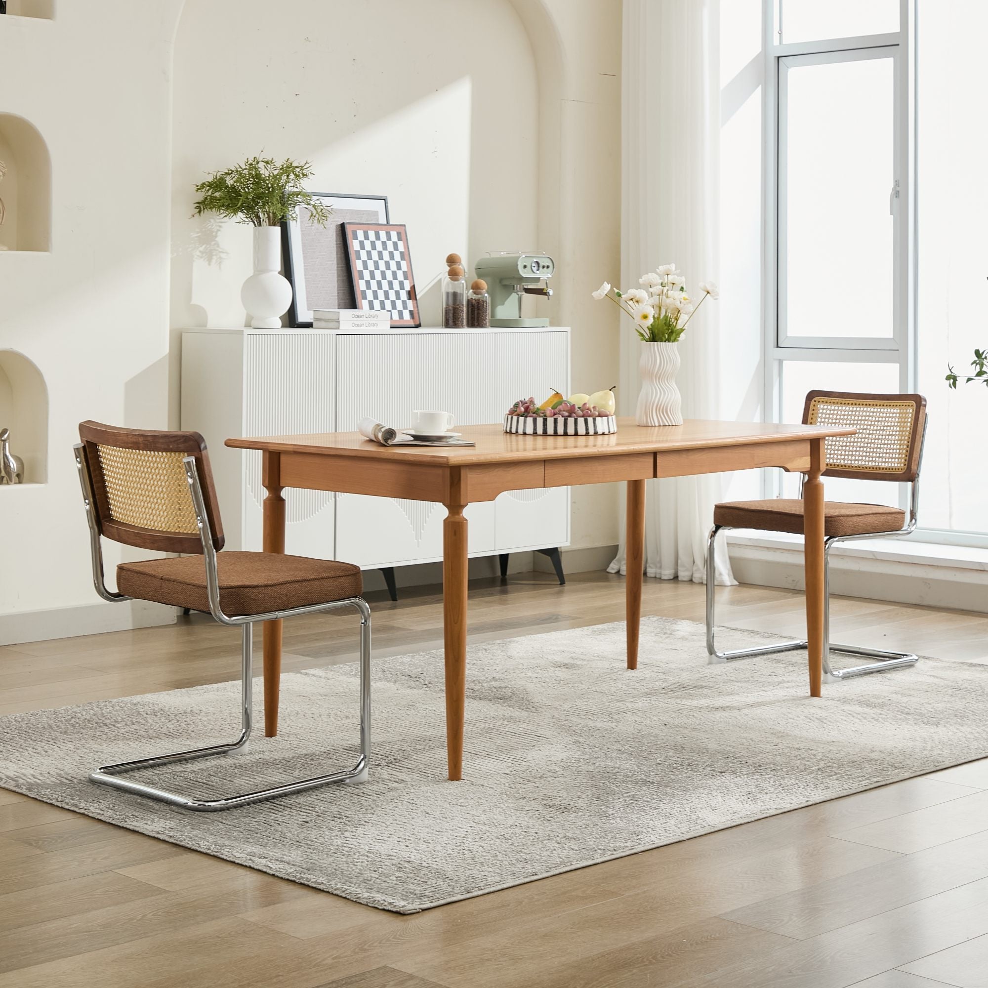 Mid Century Modern Dining Chairs Set of 2, Linen Accent Chairs with Natural Cane Back & Stainless Chrome Base, Famous Breuer Designed Chairs, Upholstered Rattan Kitchen Chairs,Coffee color,SW1851CF