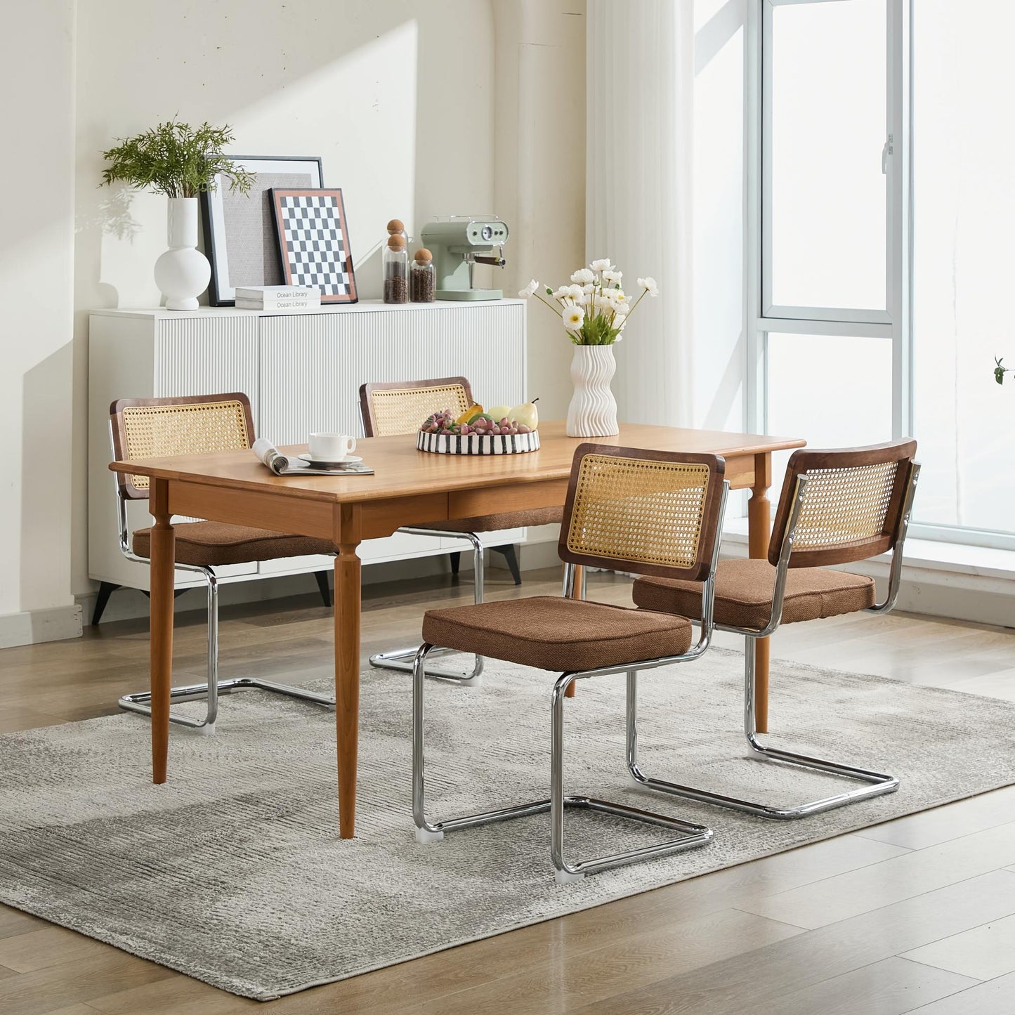 Mid Century Modern Dining Chairs Set of 2, Linen Accent Chairs with Natural Cane Back & Stainless Chrome Base, Famous Breuer Designed Chairs, Upholstered Rattan Kitchen Chairs,Coffee color,SW1851CF