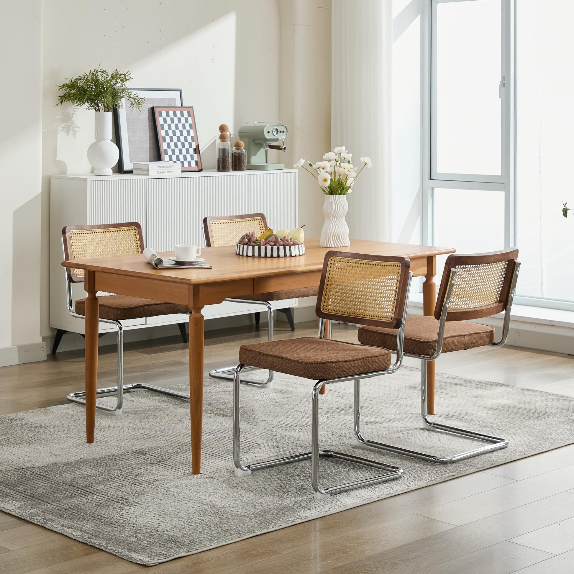 Mid Century Modern Dining Chairs Set of 2, Linen Accent Chairs with Natural Cane Back & Stainless Chrome Base, Famous Breuer Designed Chairs, Upholstered Rattan Kitchen Chairs,Coffee color,SW1851CF