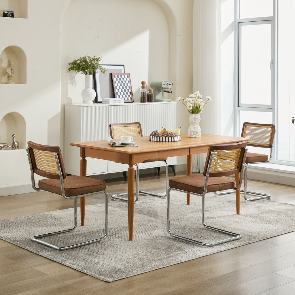 Mid Century Modern Dining Chairs Set of 2, Linen Accent Chairs with Natural Cane Back & Stainless Chrome Base, Famous Breuer Designed Chairs, Upholstered Rattan Kitchen Chairs,Coffee color,SW1851CF