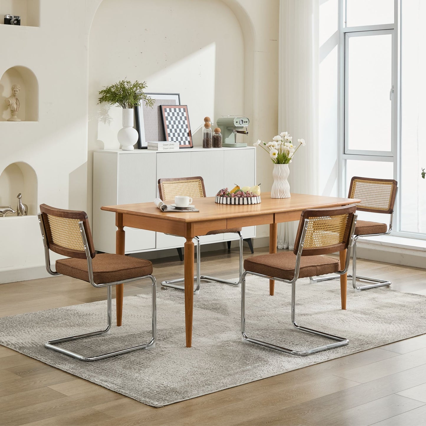 Mid Century Modern Dining Chairs Set of 2, Linen Accent Chairs with Natural Cane Back & Stainless Chrome Base, Famous Breuer Designed Chairs, Upholstered Rattan Kitchen Chairs,Coffee color,SW1851CF