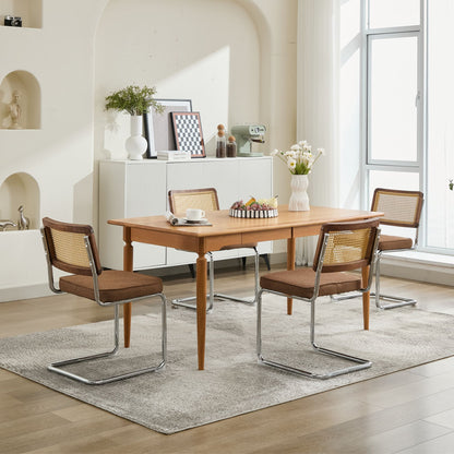 Mid Century Modern Dining Chairs Set of 2, Linen Accent Chairs with Natural Cane Back & Stainless Chrome Base, Famous Breuer Designed Chairs, Upholstered Rattan Kitchen Chairs,Coffee color,SW1851CF