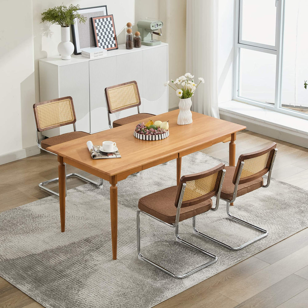 Mid Century Modern Dining Chairs Set of 2, Linen Accent Chairs with Natural Cane Back & Stainless Chrome Base, Famous Breuer Designed Chairs, Upholstered Rattan Kitchen Chairs,Coffee color,SW1851CF