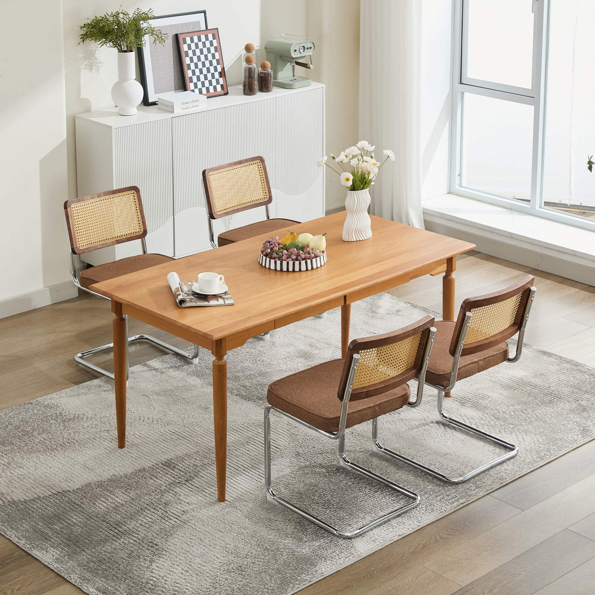 Mid Century Modern Dining Chairs Set of 2, Linen Accent Chairs with Natural Cane Back & Stainless Chrome Base, Famous Breuer Designed Chairs, Upholstered Rattan Kitchen Chairs,Coffee color,SW1851CF